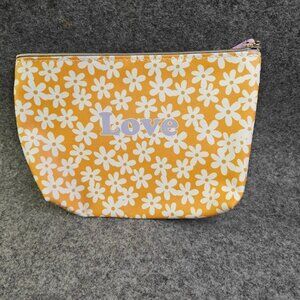 Yellow Floral Zipper Pouch “Love” Print Small Bag Preowned No Tag
